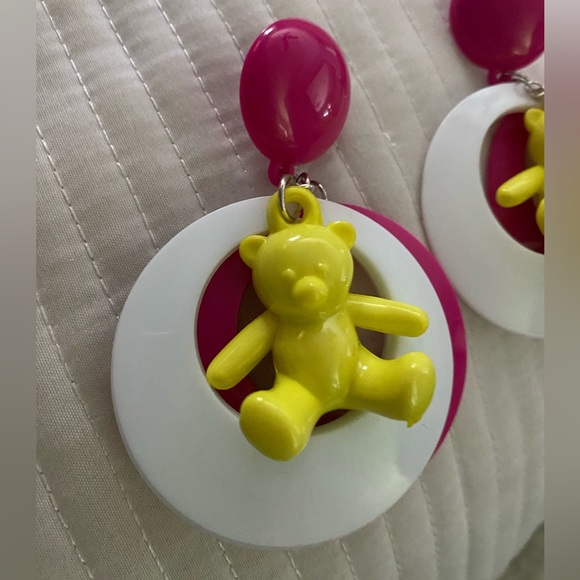 Vintage teddy bear neon inspired loop plastic 80s 90s earrings fun trio funky - Picture 2 of 4